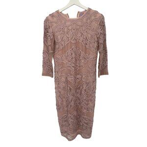 JS COLLECTION PINK LACE LINED EMBROIDERED MIDI 3/4 SLEEVE FORMAL DRESS SIZE 6